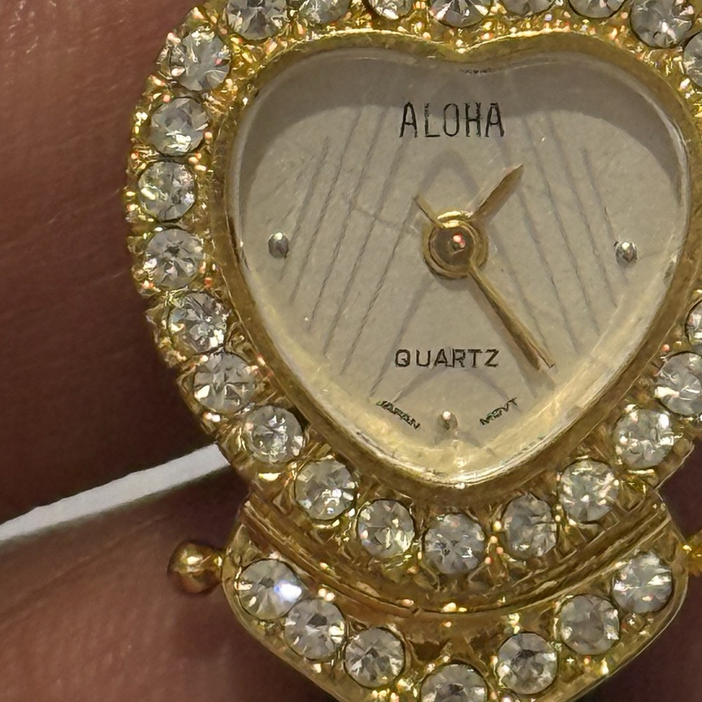 ALOHA Heart Rhinestone Women's Quartz Watch Black Leather‎ Japan Movement VTG